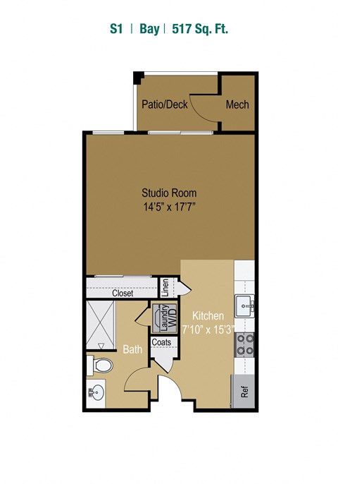 Floor plan for studio, 1 bath, 517 sqft